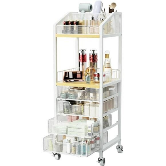 Rolling Makeup Organizer Cart with Drawers Skincare Vanity Storage Tower